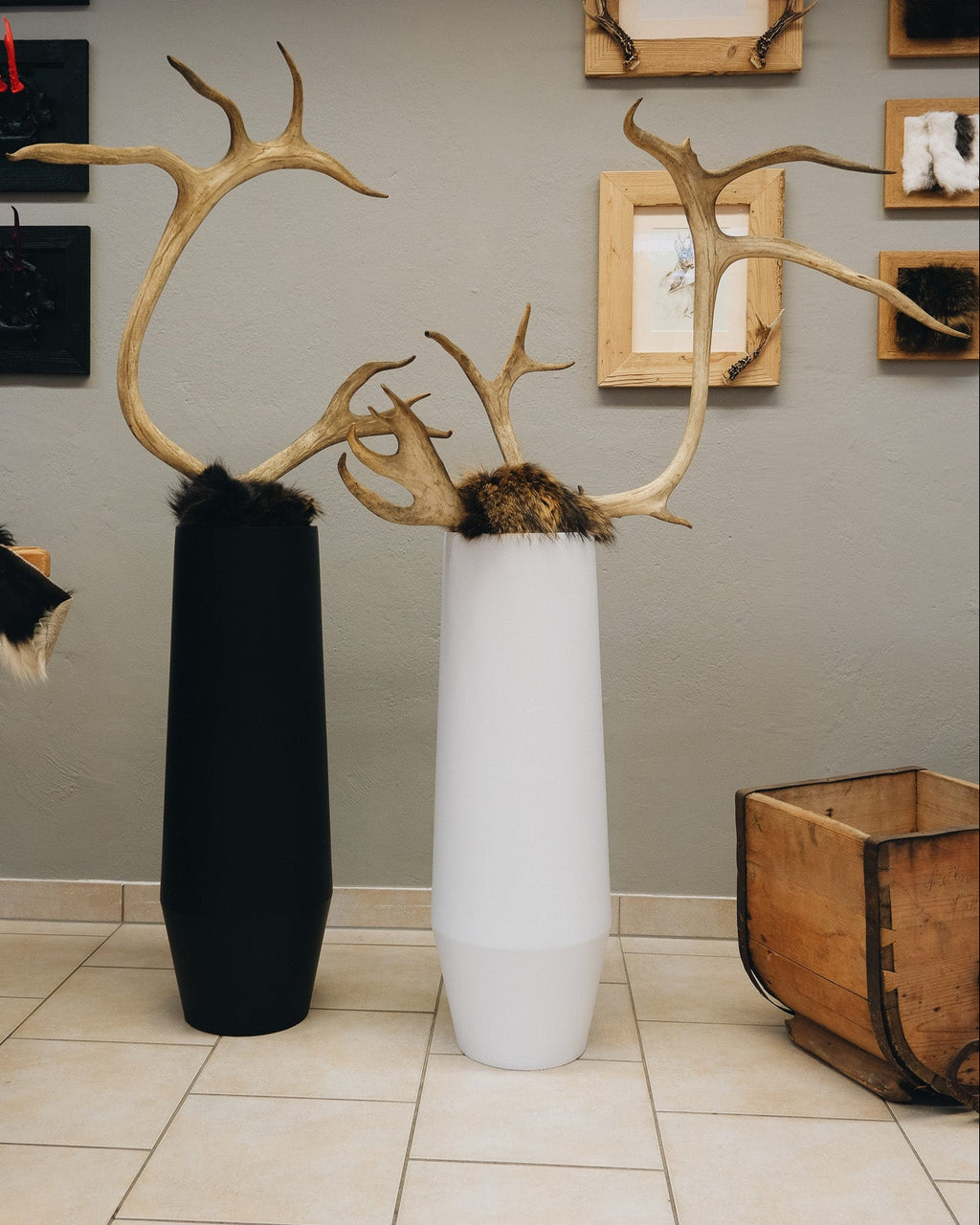Karibu Geweihstange in weißer Bodenvase